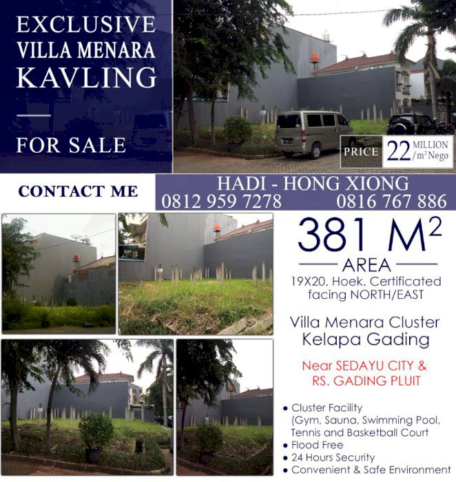 DIJUAL KAVLING Villa Menara, Klp Gading. 5 mnt ke Old shanghai Sedayu
