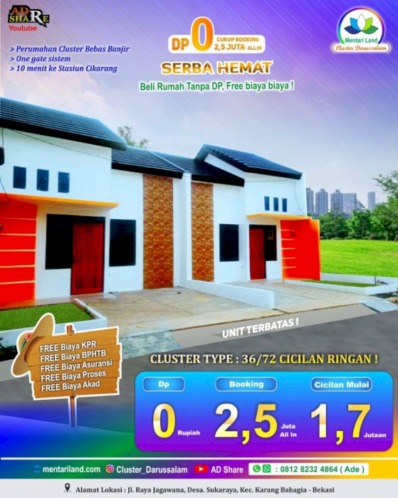 Dijual rumah cluster type 36/72, DP 0 , promo di Bekasi dekat stasiun