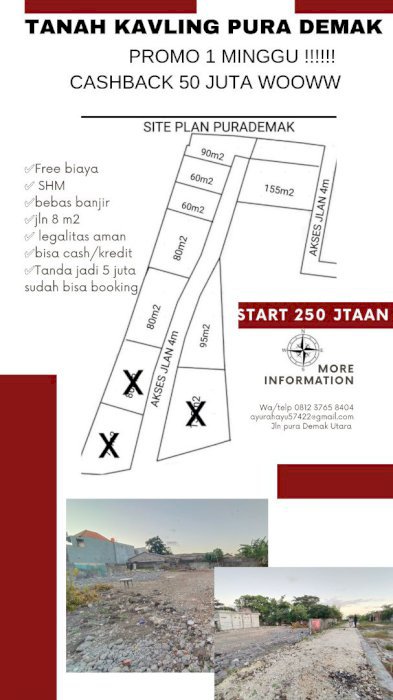 Promo idul adha 525 jt/are untuk ukuran 155 m2  KAVLING pura Demak