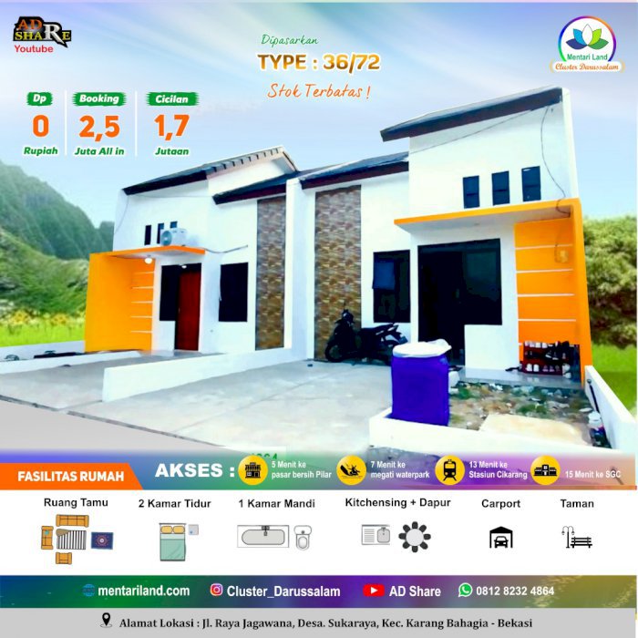 Dijual rumah cluster dekat KRL, tanpa DP, cicilan 1,7 jutaan
