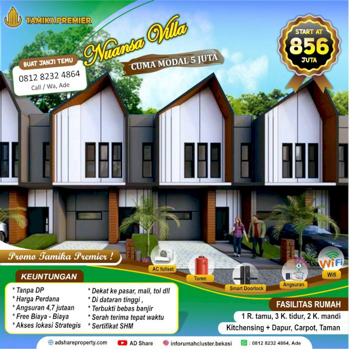Dijual Rumah 2 Lantai, Town House Tamika Premier, di villa Nusa indah