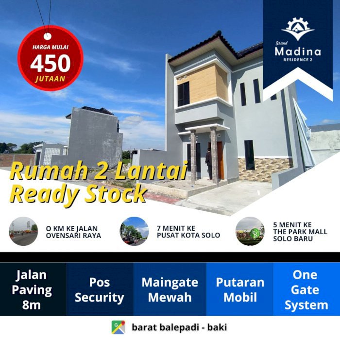 Hunian mewah 2 lantai di jln raya bale padi solo baru hanya 400 jt an