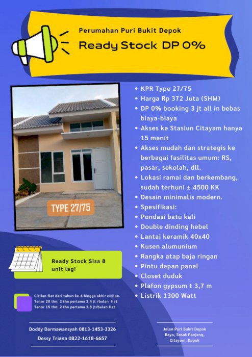 Rumah Ready Stock Tanpa DP di Puri Bukit Depok