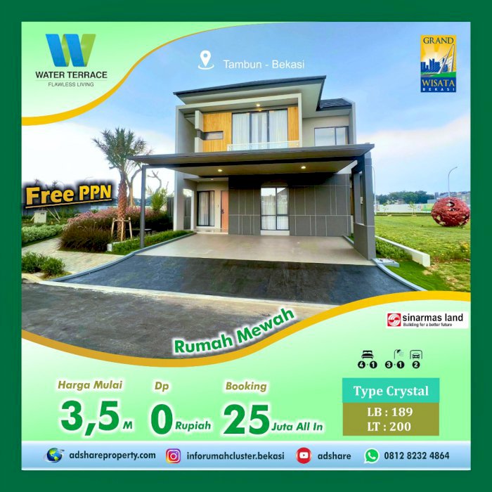 Dijual rumah cluster Grandwisata Waterterrace type Crystal di Bekasi