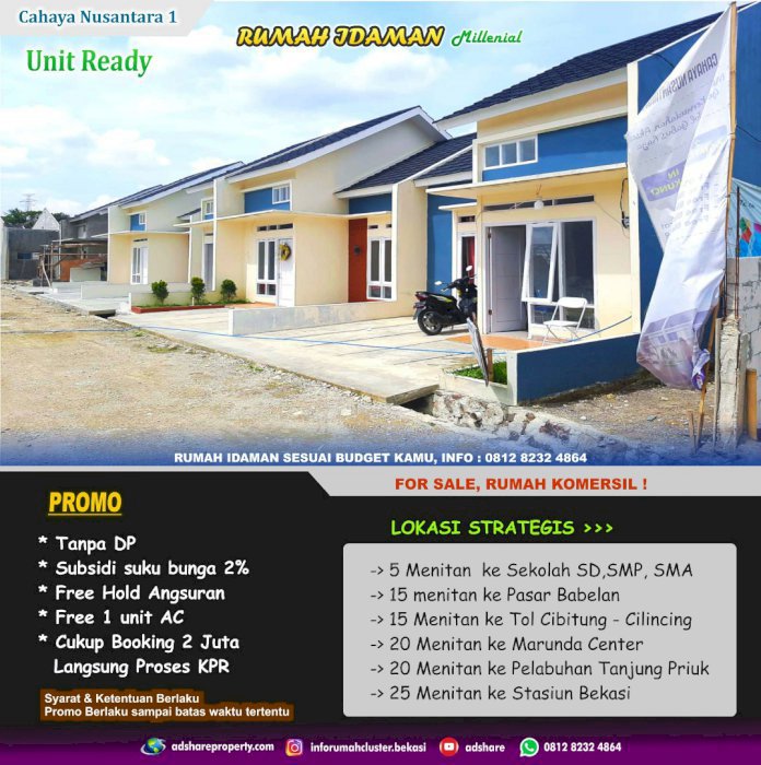 Dijual Rumah Cluster tanpa DP free biaya biaya, cahaya Nusantara