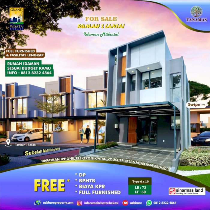 Rumah Dijual Cluster Tanamas 2 Lantai Di Grandwisata Bekasi