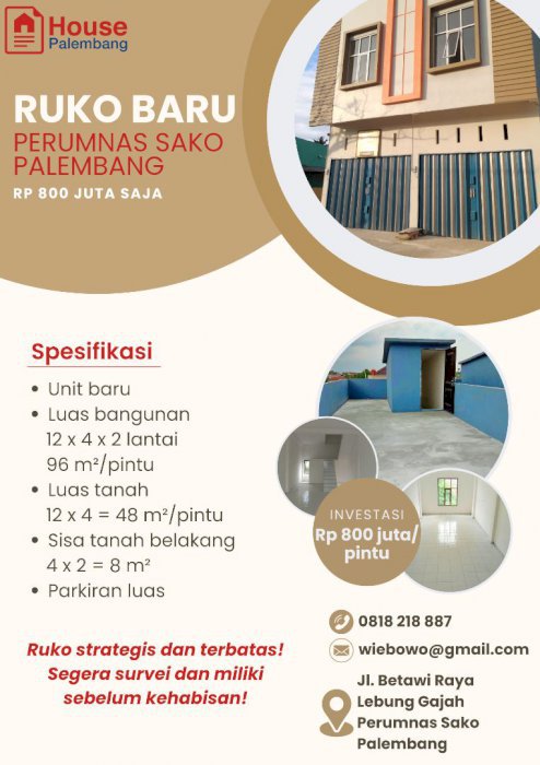 Ruko Baru di Perumnas Sako Palembang seharga Rp 800 juta saja