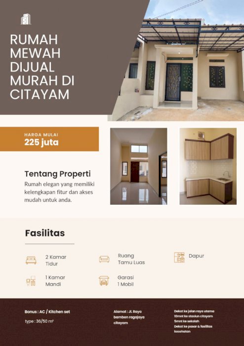 Rumah mewah di jual murah lokasi bebas banjir di Citayam free AC