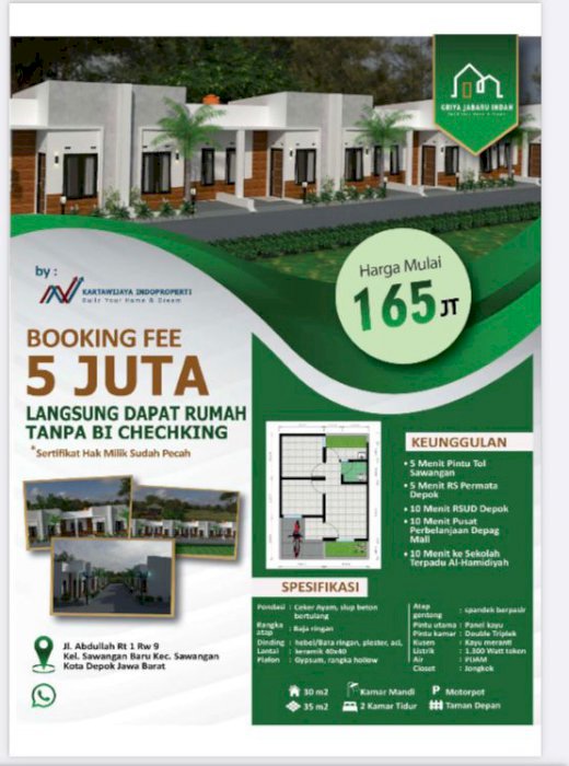 Promo rumah baru di depok hanya 165jt akses 5mnt ke tol sawangan
