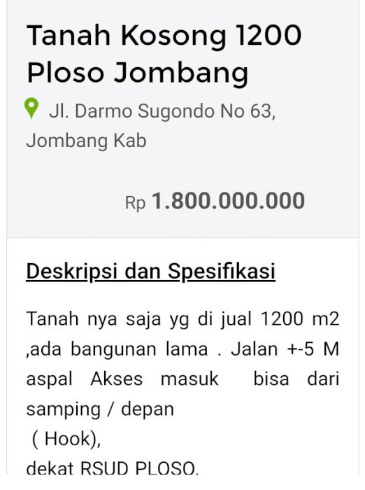 Tanah 1200m2 kab jombang