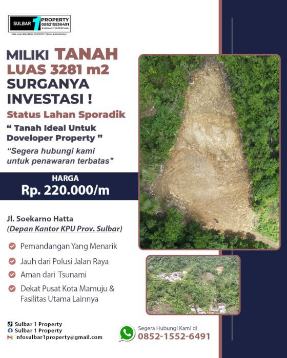 Tanah Kavling 3281 m2 Jl. Soekarno Hatta Depan Kantor KPU Prov. Sulbar