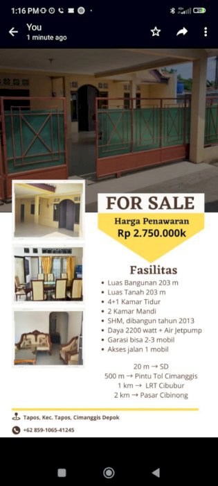 Rumah dijual dilingkungan Asri Dan tenang di Tapos Cimanggis