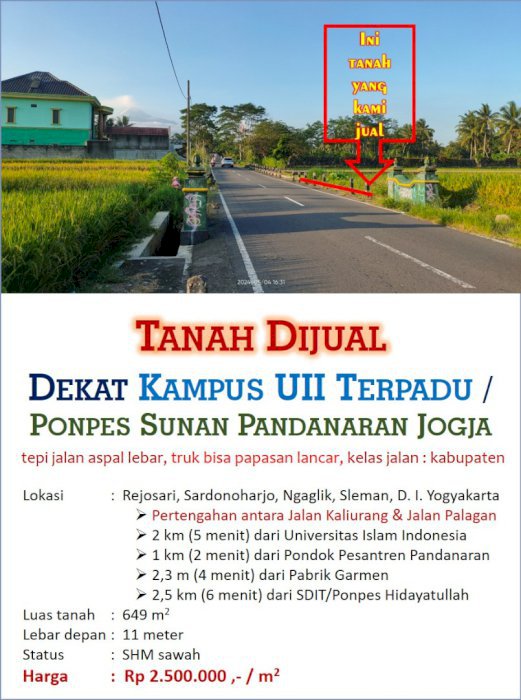 Jual Tanah Dekat Kampus UII Terpadu / Ponpes Sunan Pandanaran Yogya