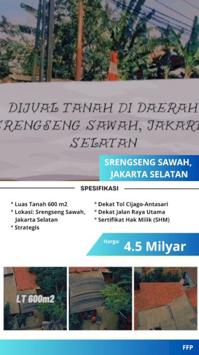 Dijual Tanah 600 m2 di Srengseng Sawah, Jakarta Selatan!