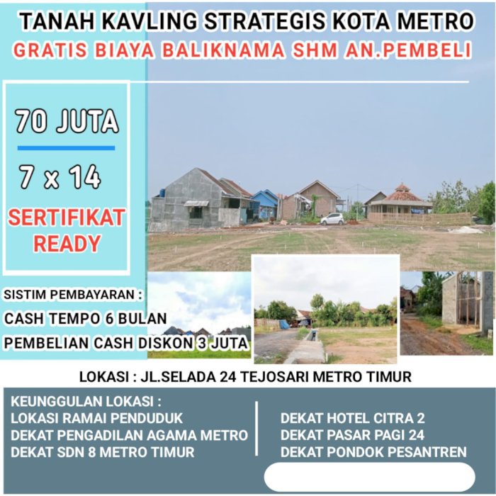 JUAL TANAH KAVLING STRATEGIS DI KOTA METRO LAMPUNG