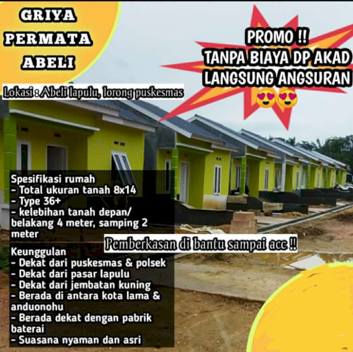 DIJUAL RUMAH SUBSIDI LOKASI RAMAI PENDUDUK DI ABELI KOTA KENDARI