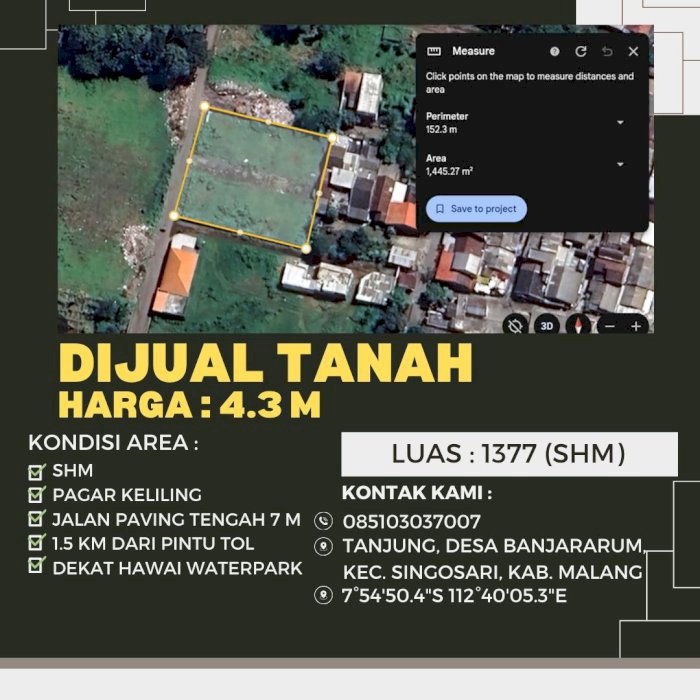 DI JUAL TANAH DEKAT HAWAI WATERPARK SINGOSARI MALANG