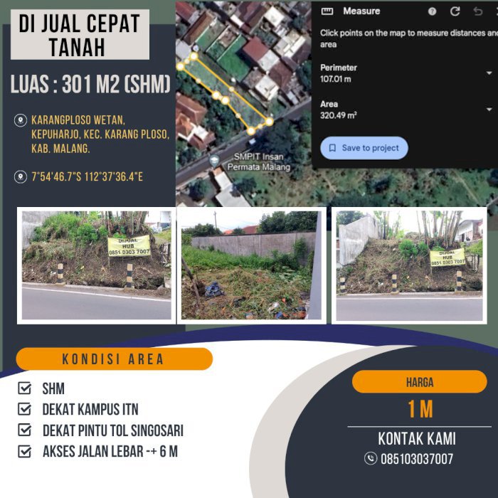 DI JUAL TANAH KUAS CEPAT DI KARANGPLOSO MALANG