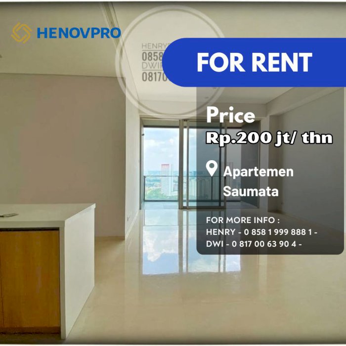 Disewa Apartemen Saumata Unit 2+1 BR High Floor Furnish City View