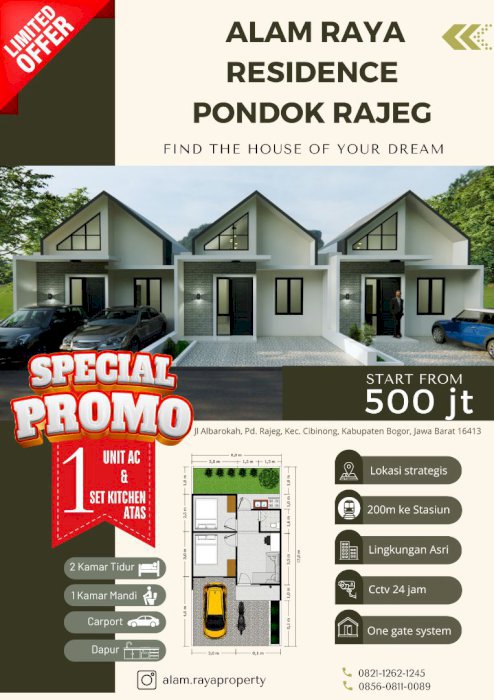 DIJUAL RUMAH LANTAI 1 ALAM RAYA RESIDENCE PONDOK RAJEG, CIBINONG