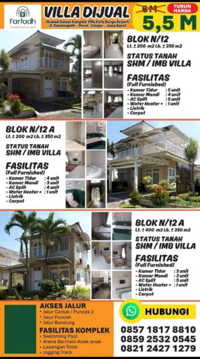 DIJUAL CEPAT 3 VILLA BERTINGKAT SIAP HUNI SHM PUNCAK BOGOR  JAWA BARAT