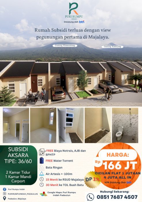 DI JUAL RUMAH SUBSIDI 166 JUTA DP 1% PURI RUMPU MAJALAYA