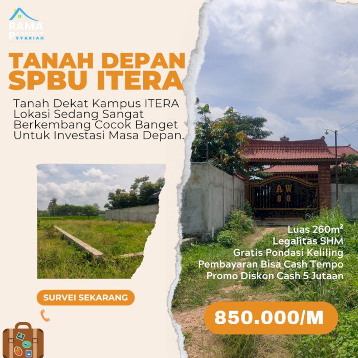 JUAL TANAH MURAH 260M DEPAN SPBU ITERA PINGGIR JALAN BANDAR LAMPUNG