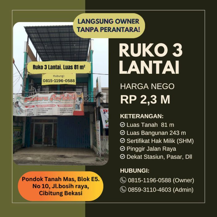 BU Secepatnya Ruko 3 Lantai Pinggir Jalan Raya Murah Prospek Nego