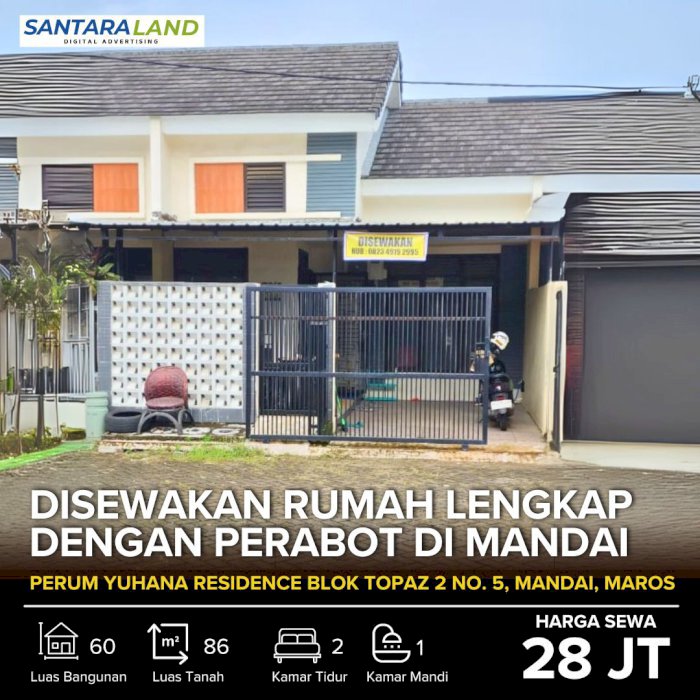 Disewakan Rumah Lengkap dengan Perabot di Mandai, Maros