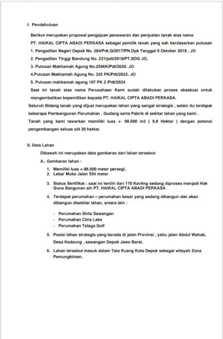 Jual tanah setrategis luas 9.8 ha di depok