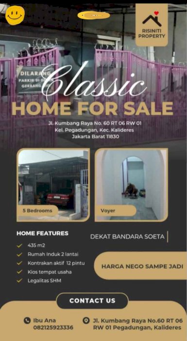 Dijual rumah klasik dan usaha kontrakan di Kalideres Jakarta Barat