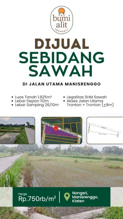 Dijual Tanah Sawah cocok untuk investasi akses Jalan Utama