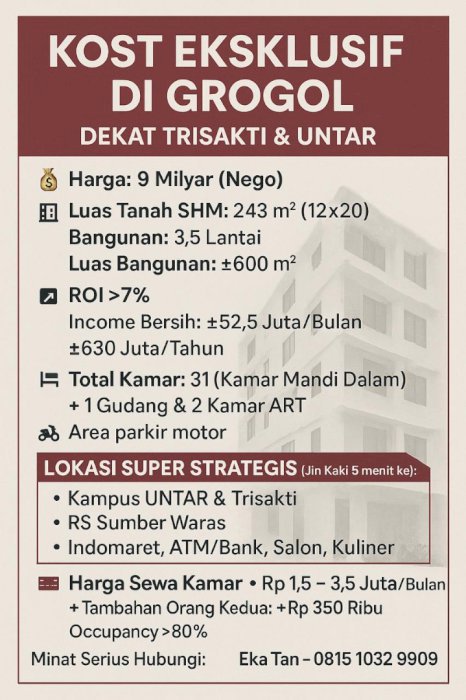 KOST EKSKLUSIF GROGOL JAKARTA BARAT DEKAT TRISAKTI & UNTAR