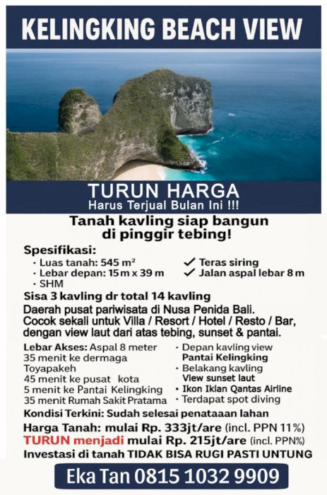 TURUN HARGA !!! KELINGKING BEACH VIEW LOS TEBING, NUSA PENIDA, BALI