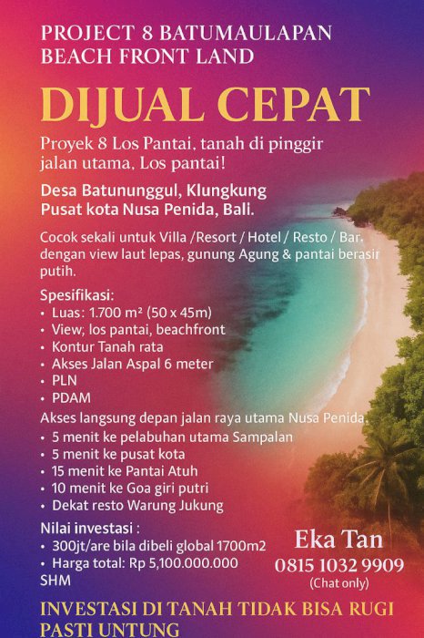 TURUN HARGA !!! TANAH LOS PANTAI PINGGIR JALAN UTAMA  NUSA PENIDA BALI