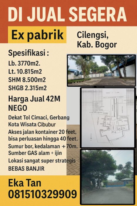 TURUN HARGA !!! JUAL CEPAT GUDANG EX PABRIK CILENGSI BOGOR