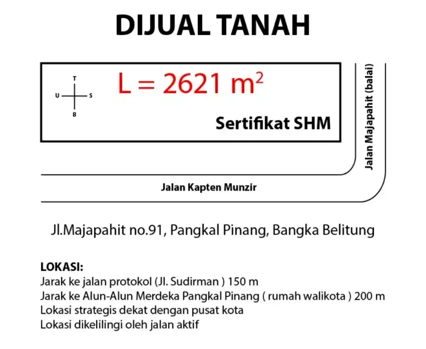 DIJUAL CEPAT TANAH LOKASI STRATEGIS DEKAT ALUN ALUN PANGKAL PINANG