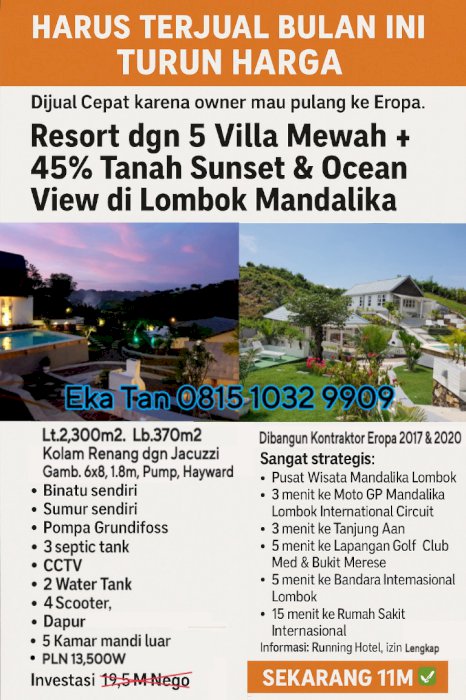 HARUS TERJUAL TURUN HARGA VILLA HOTEL RESORT KUTA MANDALIKA LOMBOK