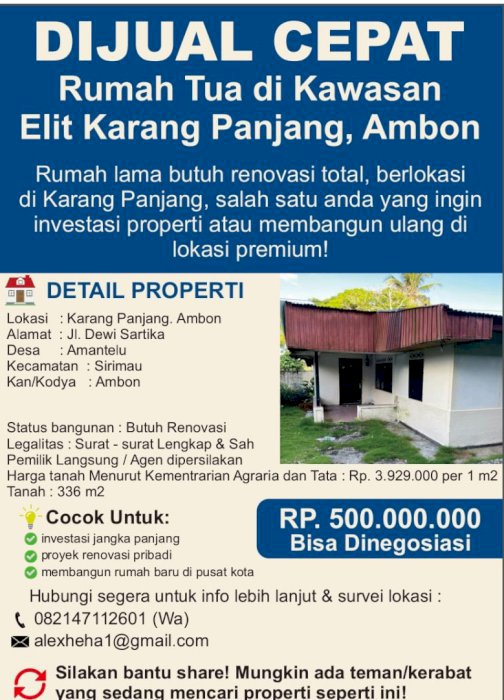 DIJUAL CEPAT Rumah Tua di Kawasan Elit Karang Panjang, Ambon
