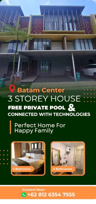 Dijual rumah baru 3 lantai bergaya modern di batam center