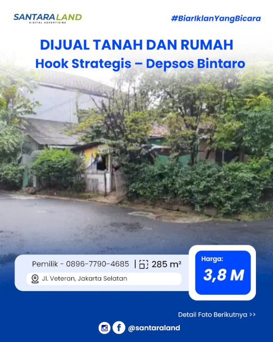 Dijual Cepat Rumah & Tanah Hook Strategis – Depsos Bintaro