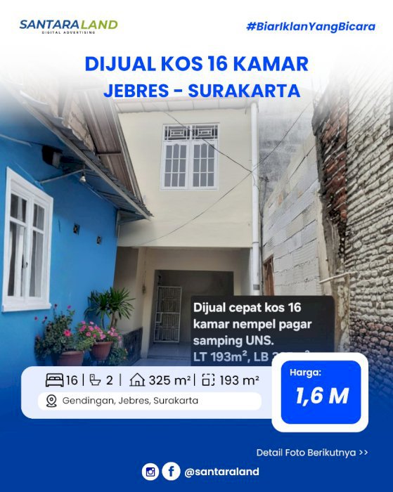 Dijual Kos 16 Kamar – Nempel Pagar Samping UNS