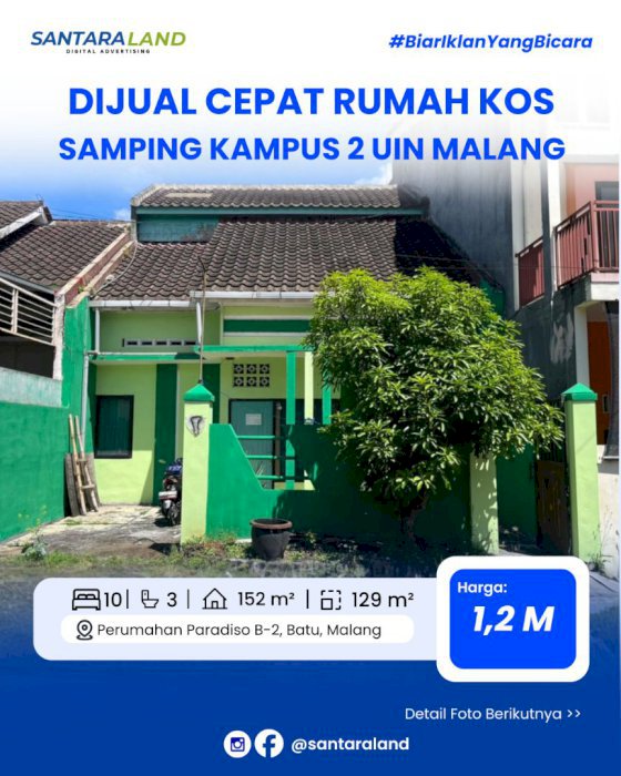 DIJUAL CEPAT RUMAH KOS SAMPING KAMPUS 2 UIN MALANG