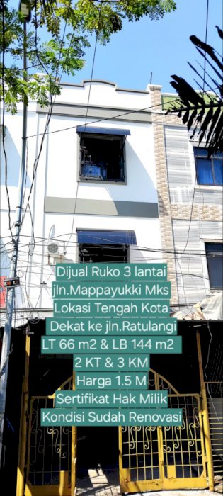 Dijual Ruko 3 lt dalam kota jln.Mappayukki Mks