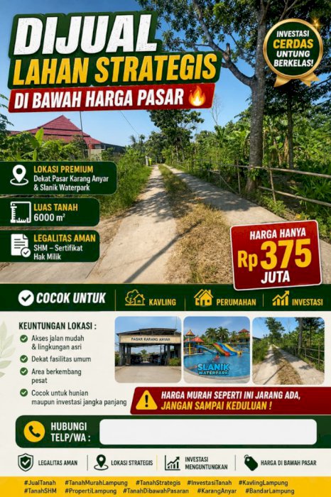 Di jual murah lahan strategis di dekat Pasar Karang Anyar Lampung