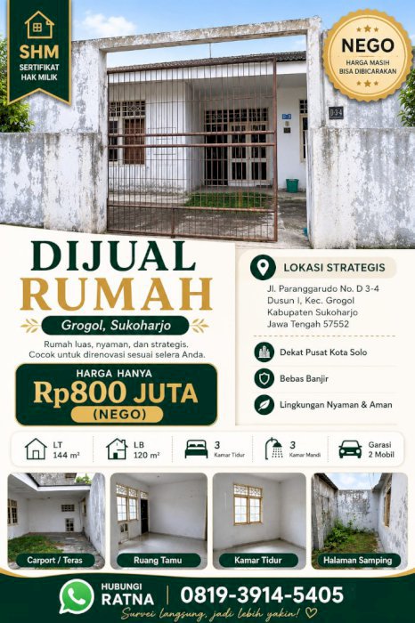 DIJUAL RUMAH DI JL.PARANGGARUDO SUKOHARJO,DEKAT KOTA SOLO,JAWA TENGAH