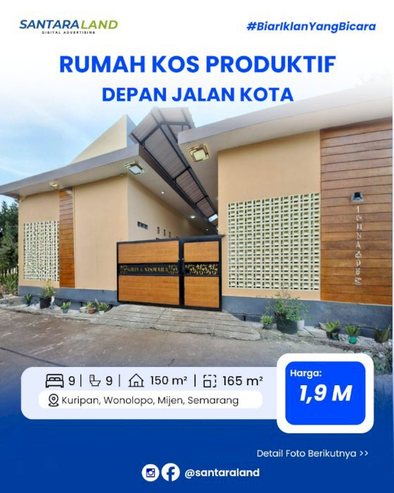 JUAL RUMAH KOS PRODUKTIF 9 KAMAR — LOKASI STRATEGIS DEPAN JALAN KOTA