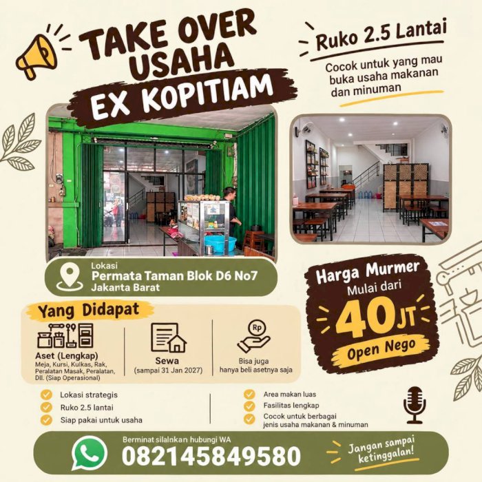 TAKE OVER USAHA EX KOPITIAM -SIAP PAKAI DI PERMATA TAMAN JAKARTA BARAT