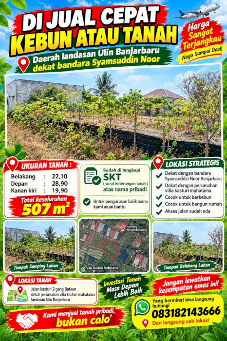 DI JUAL CEPAT KEBUN ATAU TANAH DEKAT BANDARA SYAMSUDDIN NOOR BJB